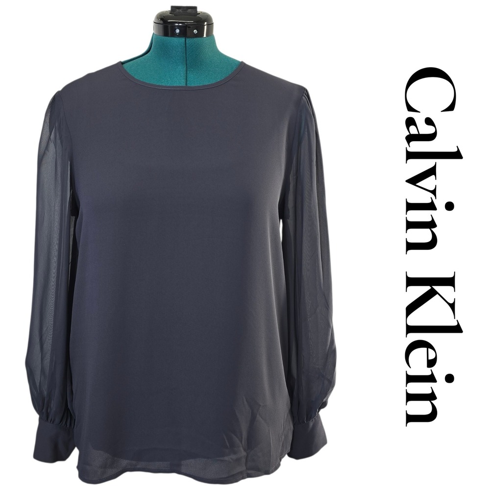 Calvin Klein‎ Women's Dark Gray Sheer Sleeve Chiffon Flowy Blouse Top Size L